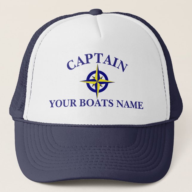 Personalised boat name ships compass captains trucker hat (Front)