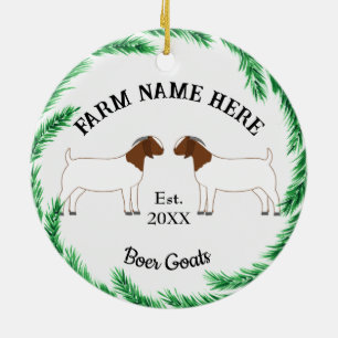 Personalised Boer Goat Farm Pine Wreath Ceramic Ornament