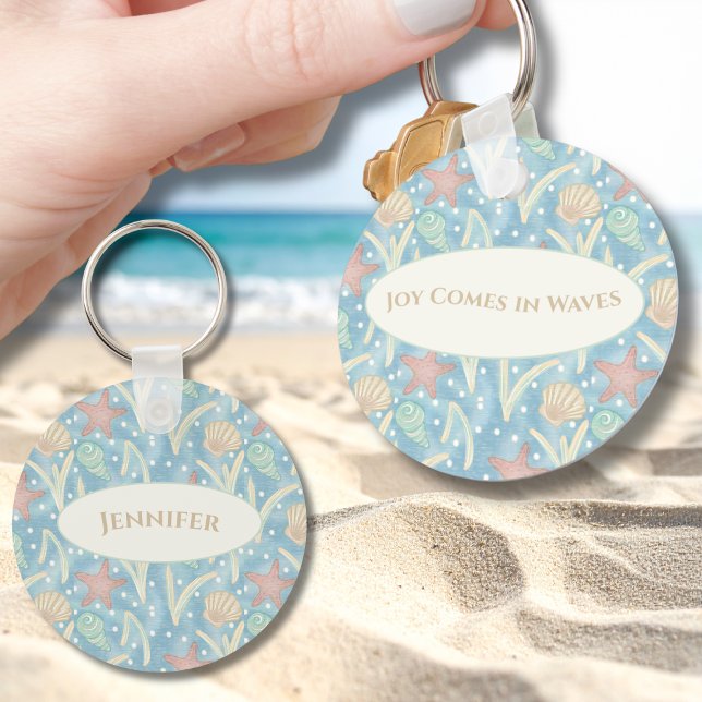 Personalised Boho Beach Keychain – Starfish Shells (Personalized Boho Beach Joy Comes in Waves Keychain – Starfish & Shells Coastal Design)