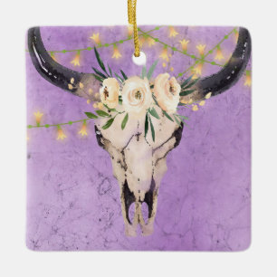 Personalised Boho Cow Skull and Lights Christmas Ceramic Ornament