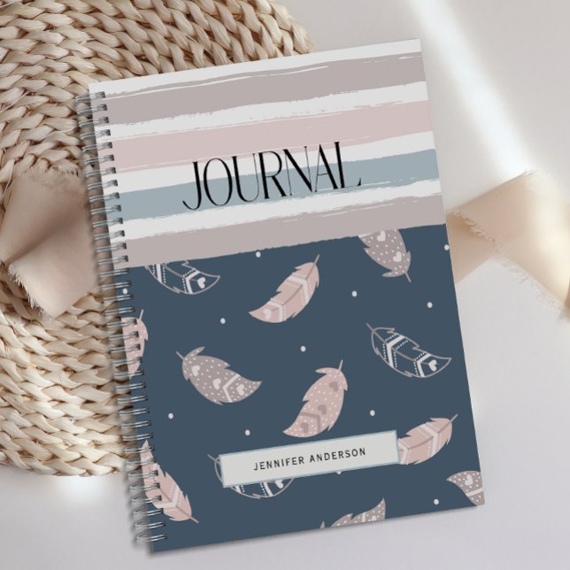 Personalised Boho Feather Stripes Pastel Journal  (Creator Uploaded)