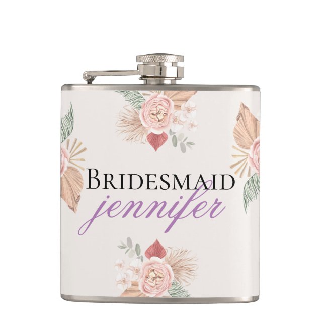 Personalised Boho Floral Heart Pink Beige Hip Flask (Front)