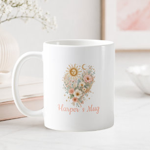 Personalised Boho Floral Heart Sun Moon Mug