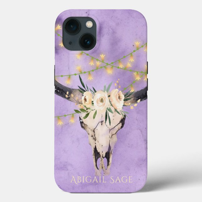 Personalised Boho Floral Skull and Lights Purple Case-Mate iPhone Case (Back)