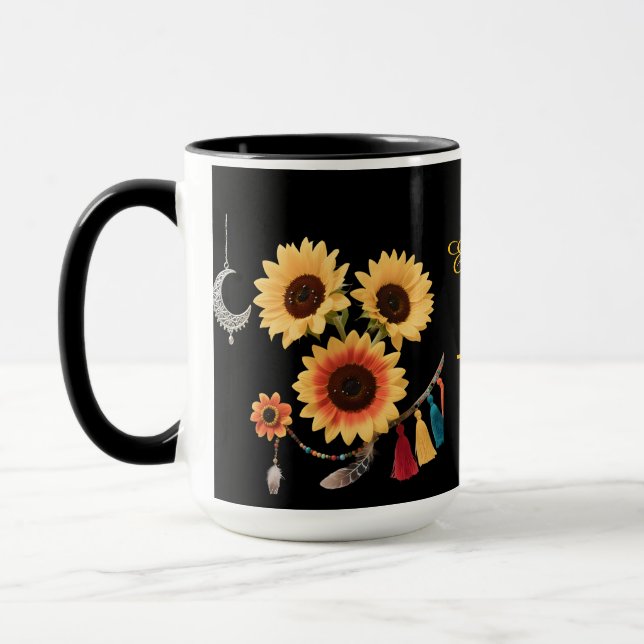 Personalised Boho Floral Sunflower Black Coffee  Mug (Left)