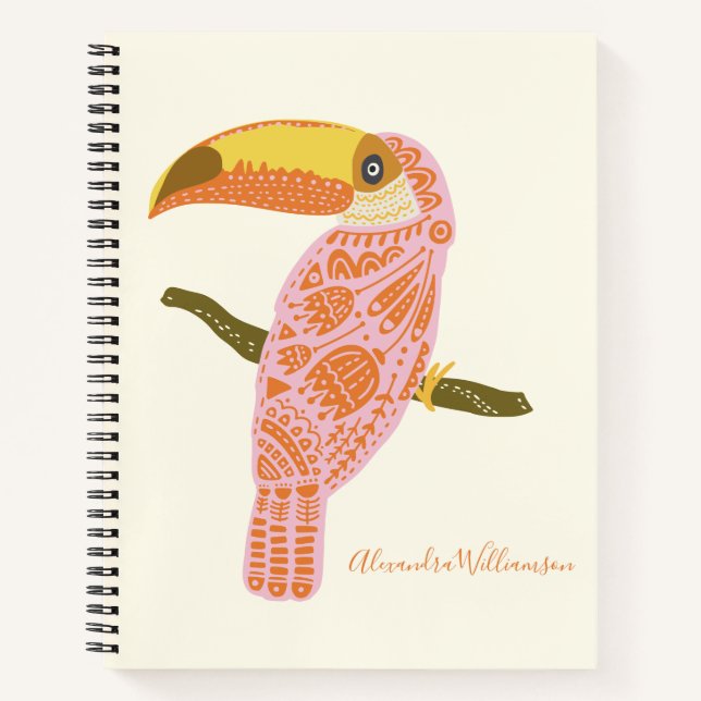 Personalised Boho Folk Art Toucan Pink Modern Notebook (Front)