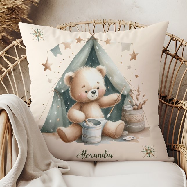 Personalised Boho Green Teddy Bear Cushion (Creator Uploaded)