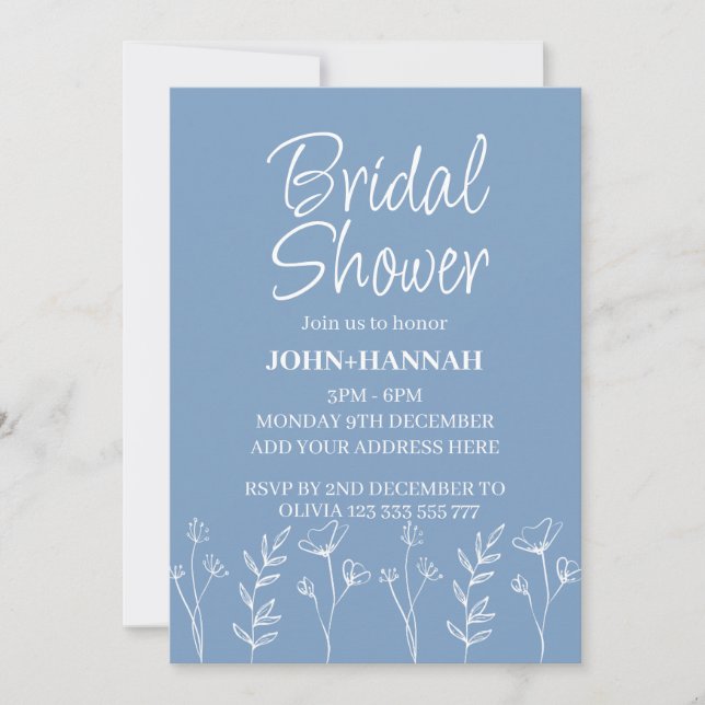 Personalised Boho Periwinkle Floral Bridal Shower  Invitation (Front)