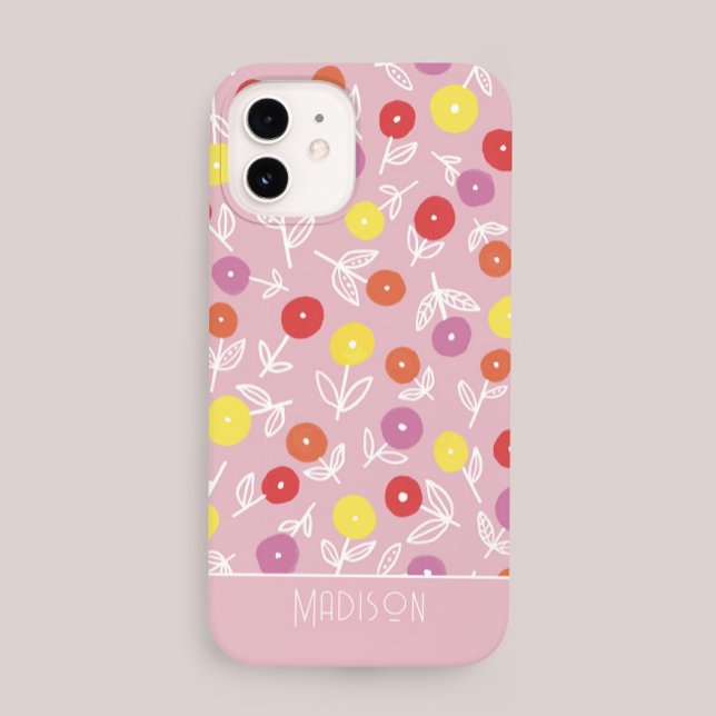 Personalised Boho Pink Modern Floral pattern name iPhone Case (Creator Uploaded)