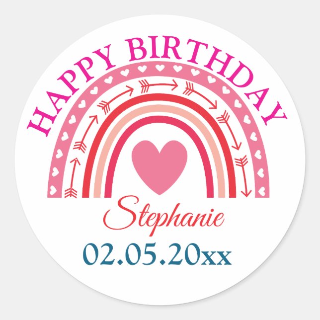 Personalised Boho Rainbow Birthday Classic Round Sticker (Front)