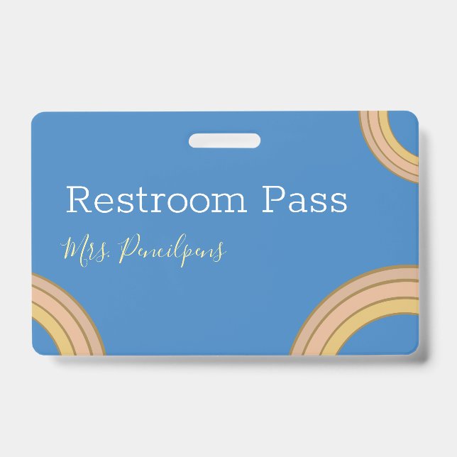 Personalised Boho Rainbow Hall Pass Blue ID Badge (Front)