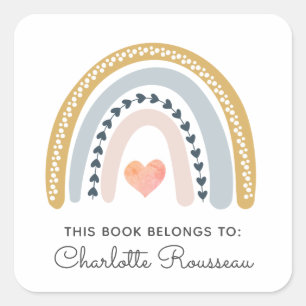 Personalised Boho Rainbow Kid's Bookplate Square Sticker