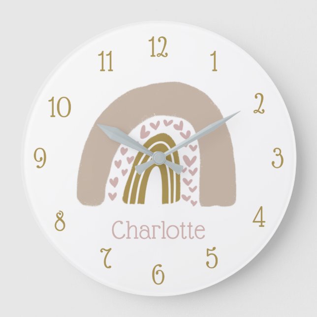 Personalised Boho Rainbow Pink Gold Large Clock (Front)