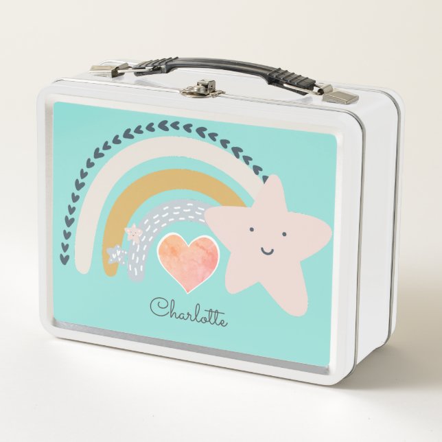 Personalised Boho Rainbow Pink Heart  Metal Lunch  Box (Front)