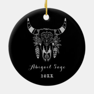 Personalised Boho Tribal Skull Black and White Ceramic Ornament