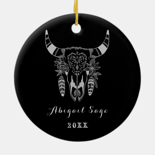 Personalised Boho Tribal Skull Black and White Ceramic Ornament (Back)