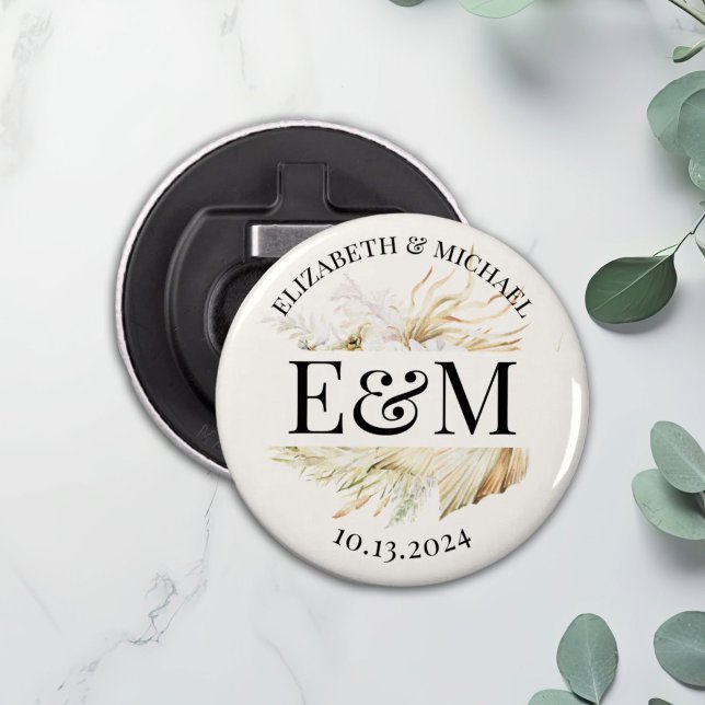 Personalised Boho Tropical Wedding Favour Button Bottle Opener (Creator Uploaded)