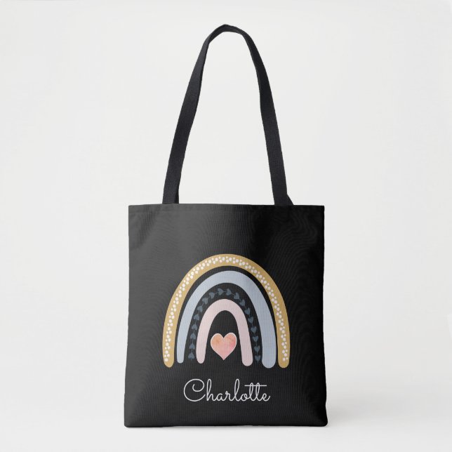 Personalised Boho Watercolor Rainbow Black Tote Bag (Front)