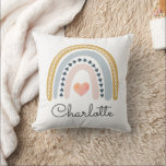 Personalised Boho Watercolor Rainbow Name Girl Cushion<br><div class="desc">Boho watercolor Rainbow with hearts throw pillow with a whimsical script typeface for a baby nursery or young toddler child's bedroom. Pastel pink blue colours and hearts.</div>