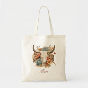 Personalised Boho Western Bull Skull Floral Custom Tote Bag