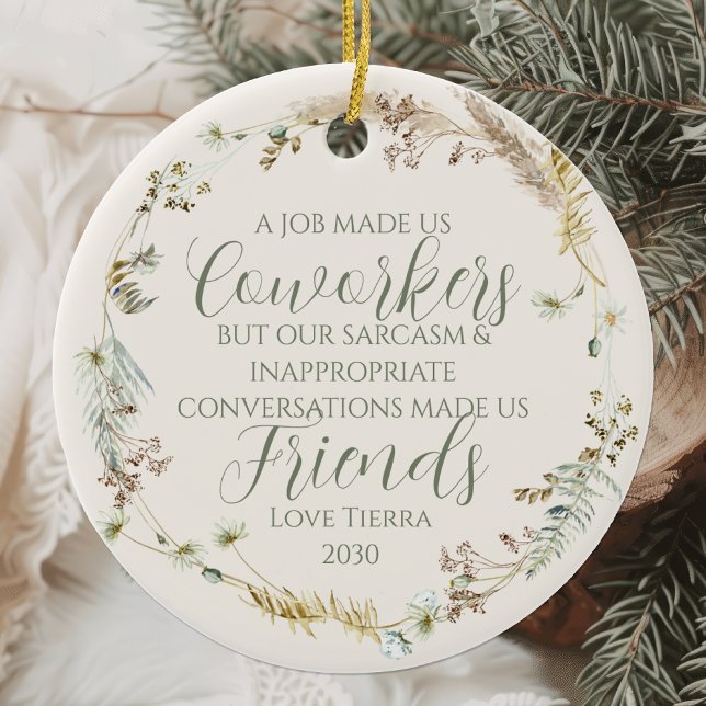 Personalised Boho Wildflower Coworker Christmas Ceramic Ornament (Creator Uploaded)