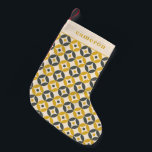 Personalised Bold Geometric Warm Gold Grey Vintage Small Christmas Stocking<br><div class="desc">Add a unique touch to your holiday decor with this personalised stocking featuring a bold geometric pattern in warm gold and charcoal tones. The vintage-inspired design blends mid-century modern style with festive charm, making it a stylish addition to your mantel. Perfect for adding a custom touch to your Christmas traditions....</div>