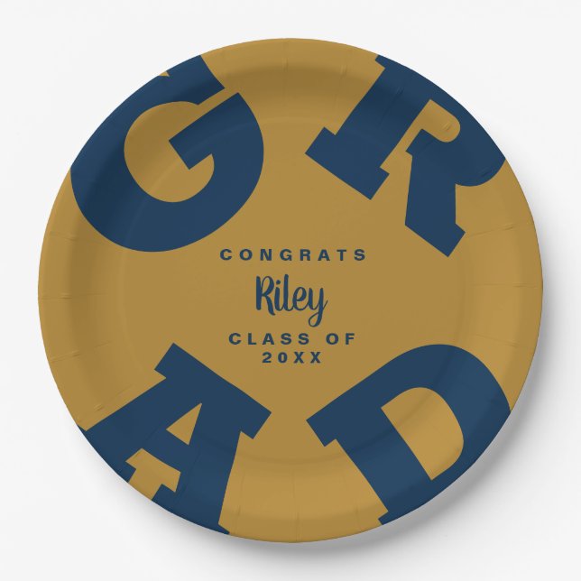 Personalised Bold Navy and Gold Graduation Paper Plate (Front)