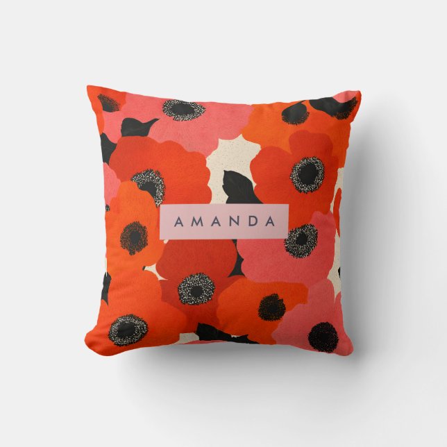Personalised Bold Red and Pink Poppy Floral  Cushion (Front)