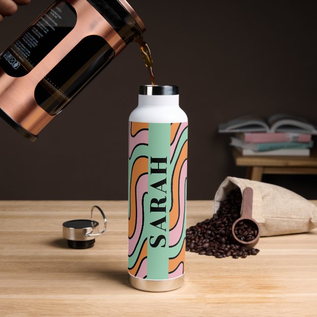 Personalised Bold Retro Abstract Wavy Lines  Water Bottle (Coffee)
