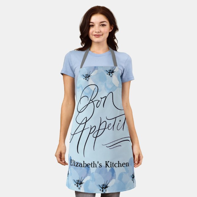 Personalised Bon Appetit Blue Floral Apron (Worn)