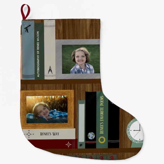 Personalised Book Lover's Bookshelf Large Christmas Stocking (Front)