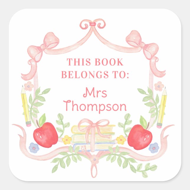 Personalised Book Plate | Classroom Teacher Square Sticker (Front)