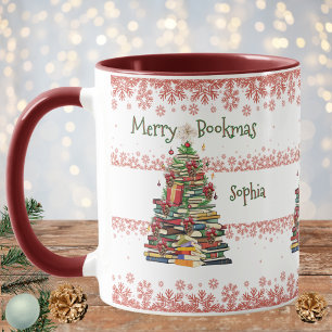 Personalised Book Tree With Red Snowflakes Pattern Mug
