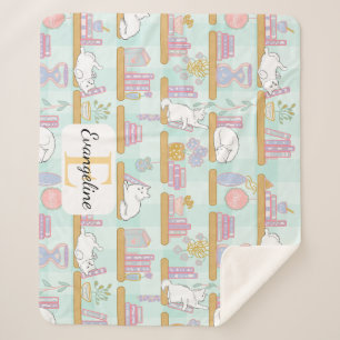 Personalised Bookish Cat Gift Green Pastel Name Sherpa Blanket