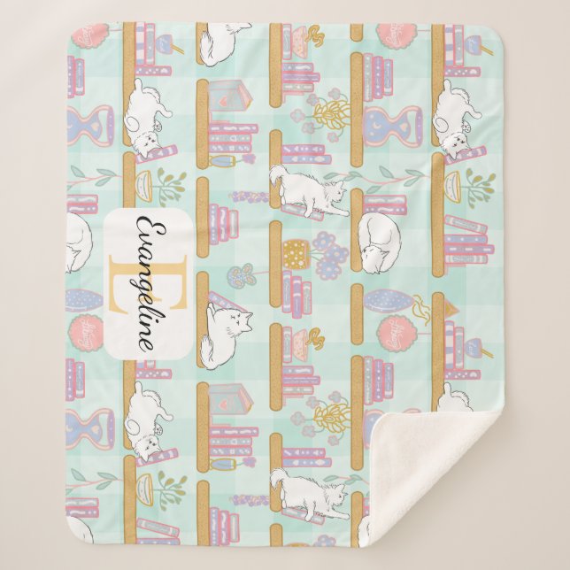 Personalised Bookish Cat Gift Green Pastel Name Sherpa Blanket (Front)