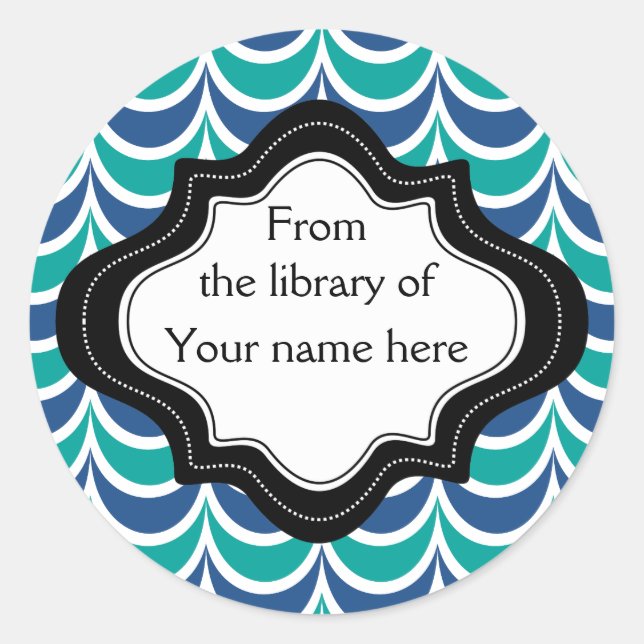 Personalised Bookplates|Blue Green  Wavy Stripes Classic Round Sticker (Front)