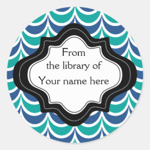 Personalised Bookplates Blue Green  Wavy Stripes Classic Round Sticker