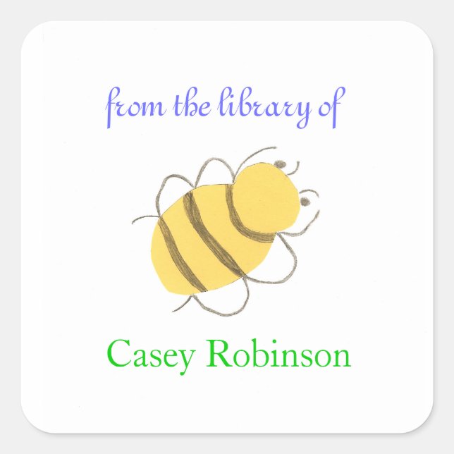Personalised bookplates for children - little bee square sticker (Front)