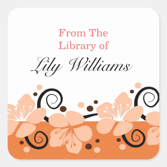 Personalised Bookplates - Orange/Coral Flowers Square Sticker (Front)
