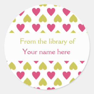 Personalised Bookplates Pink Green Hearts Classic Round Sticker