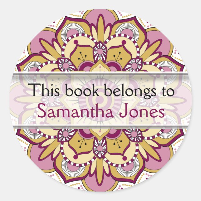 Personalised  Bookplates | Pink Mandala Pattern Classic Round Sticker (Front)