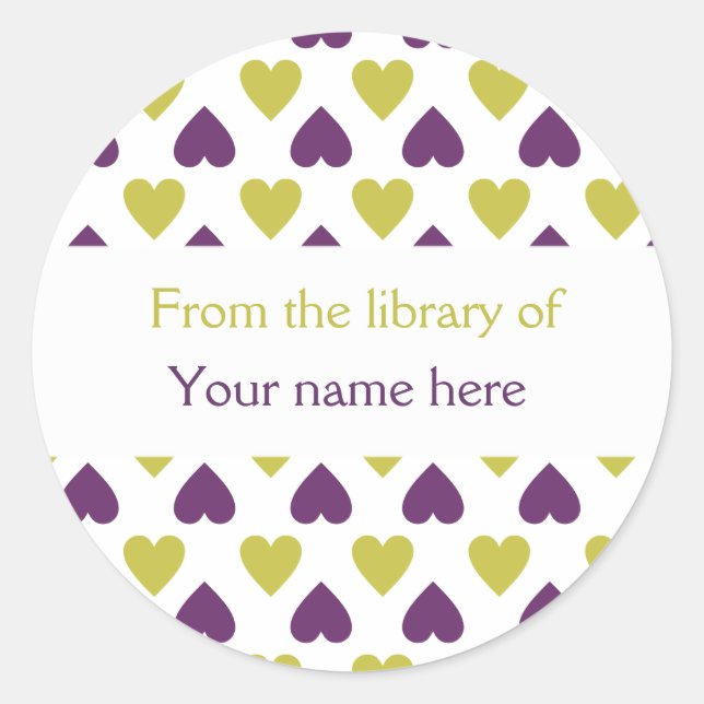 Personalised Bookplates|Purple Green Hearts Classic Round Sticker (Front)