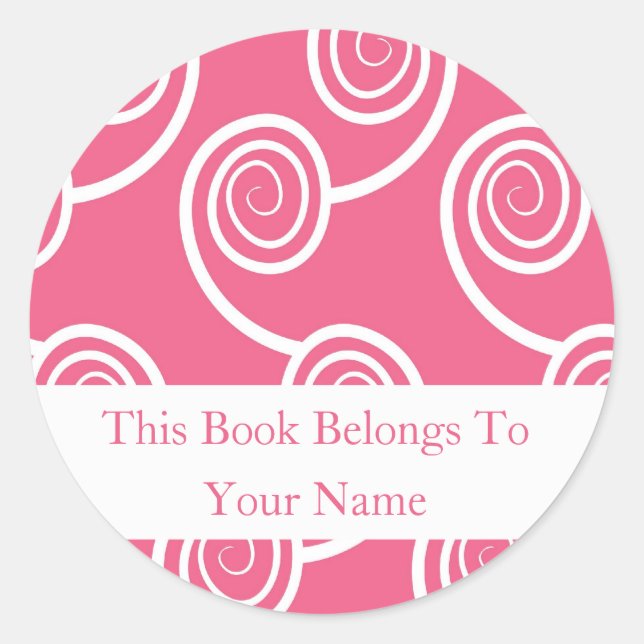 Personalised Bookplates -White Swirl On Pink Classic Round Sticker (Front)