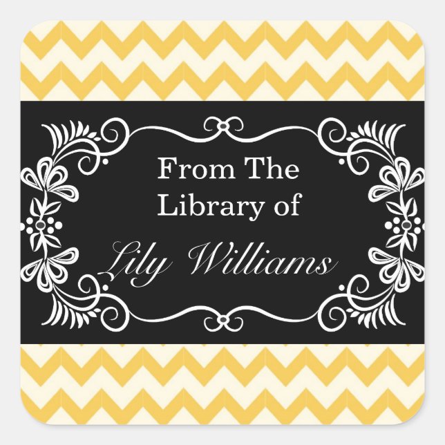 Personalised Bookplates - Yellow Chevron Pattern Square Sticker (Front)