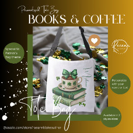 Personalised Books, Coffee & Shamrocks Tote Bag