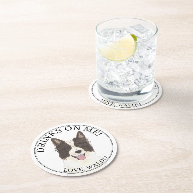 Personalised Border Collie Dog Wedding Round Paper Coaster (Insitu)