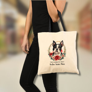 Personalised Boston Terrier Dog Mum Floral Wreath Tote Bag