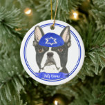 Personalised Boston Terrier Hanukkah Yarmulke Blue Ceramic Ornament<br><div class="desc">Celebrate your favourite mensch on a bench with personalised ornament! This design features a sweet illustration of a black and white boston terrier dog with a blue and white yarmulke. For the most thoughtful gifts, pair it with another item from my collection! To see more work and learn about this...</div>