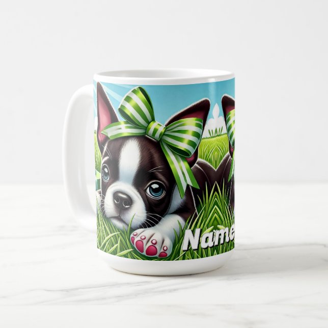 Personalised  Boston Terrier Puppy with Green Bow Coffee Mug (Front Left)