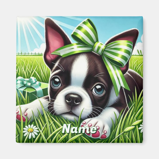 Personalised Boston Terrier Puppy with Green Bow Magnet (Front)